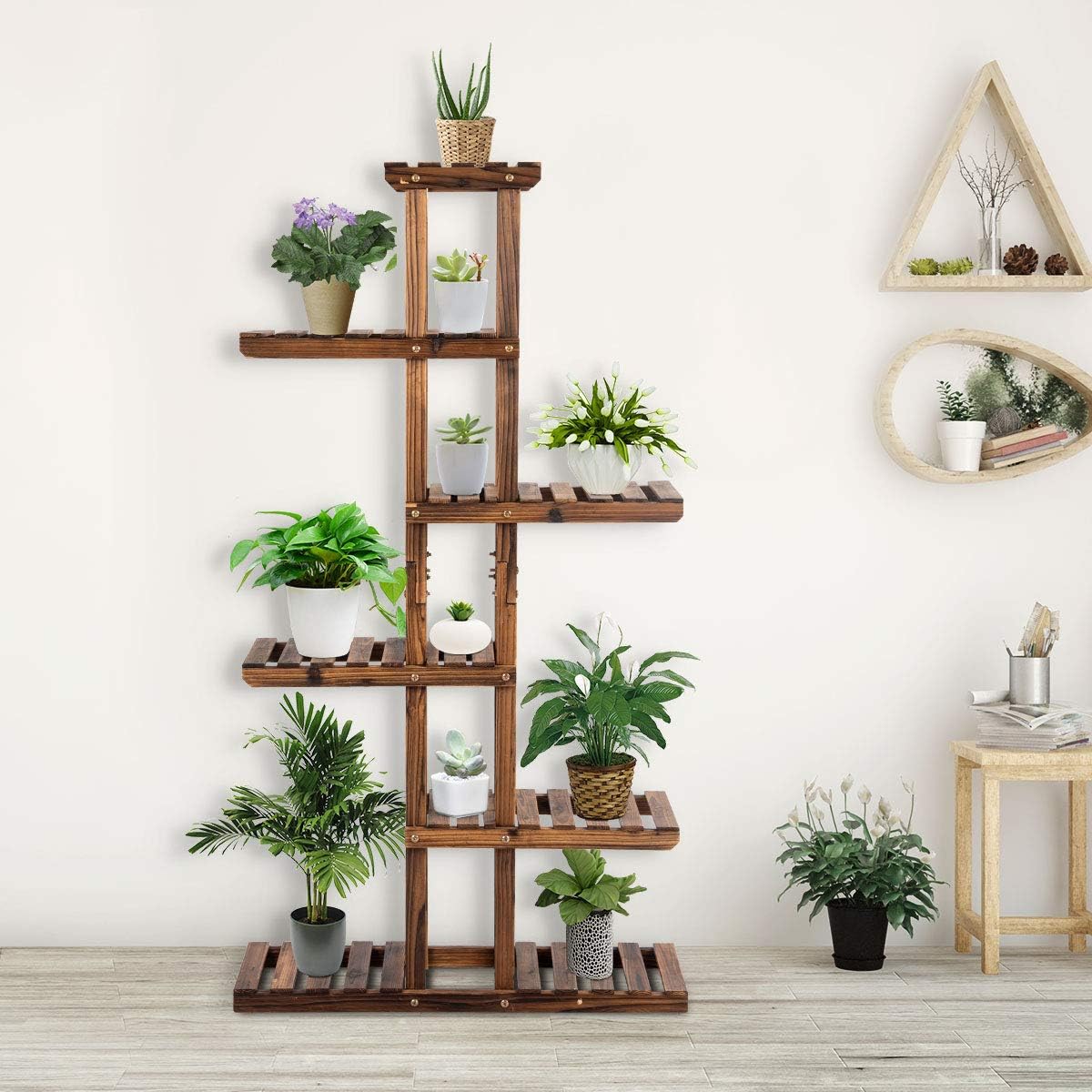 COSTWAY 6-Tier Multifunctional Wood Flower Stand, Shelf Holder for Multiple Plants, Freestanding Plant Rack for Garden, Patio, Balcony, Living Room, Indoor, Outdoor (29.5''x10''x55.5'')