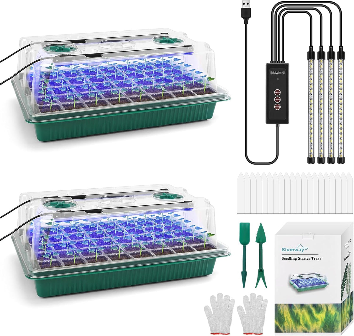 BlumWay Seed Starter Tray with Grow Light,2 Pack 80 Cells Seedling Tray Kit with Humidity Dome/Indoor Plant Starter Kit, Adjustable Brightness Plant Germination Trays