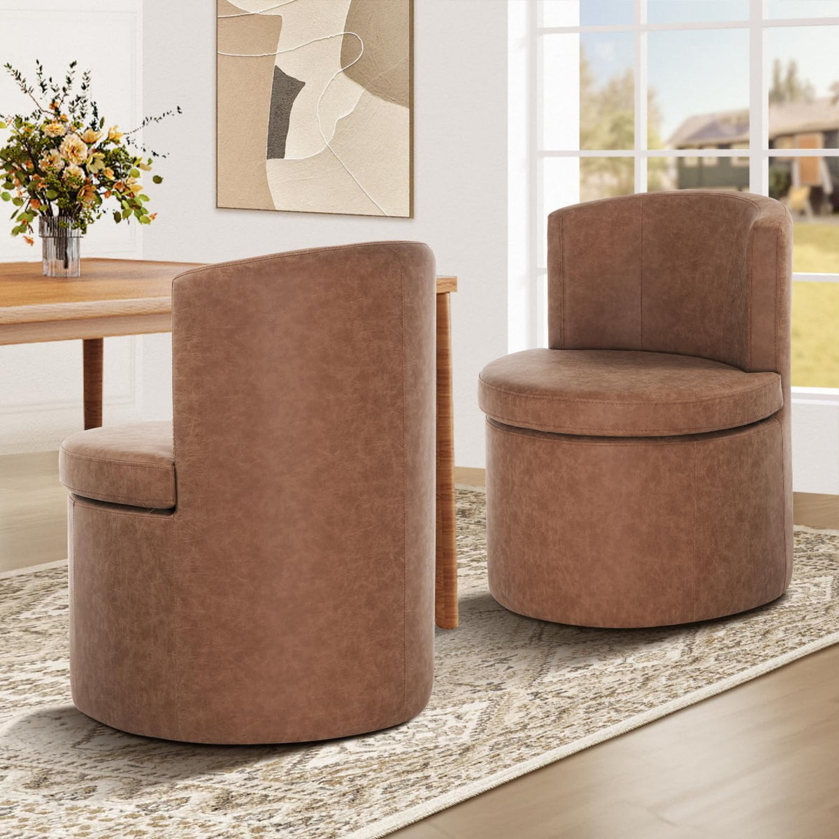 Faux Leather Rolling Dining Chairs with Casters Set of 2, Modern Upholstered Kitchen & Dining Room Comfortable Decorative Chairs, for Bedroom Reading Room Living, Dark Brown