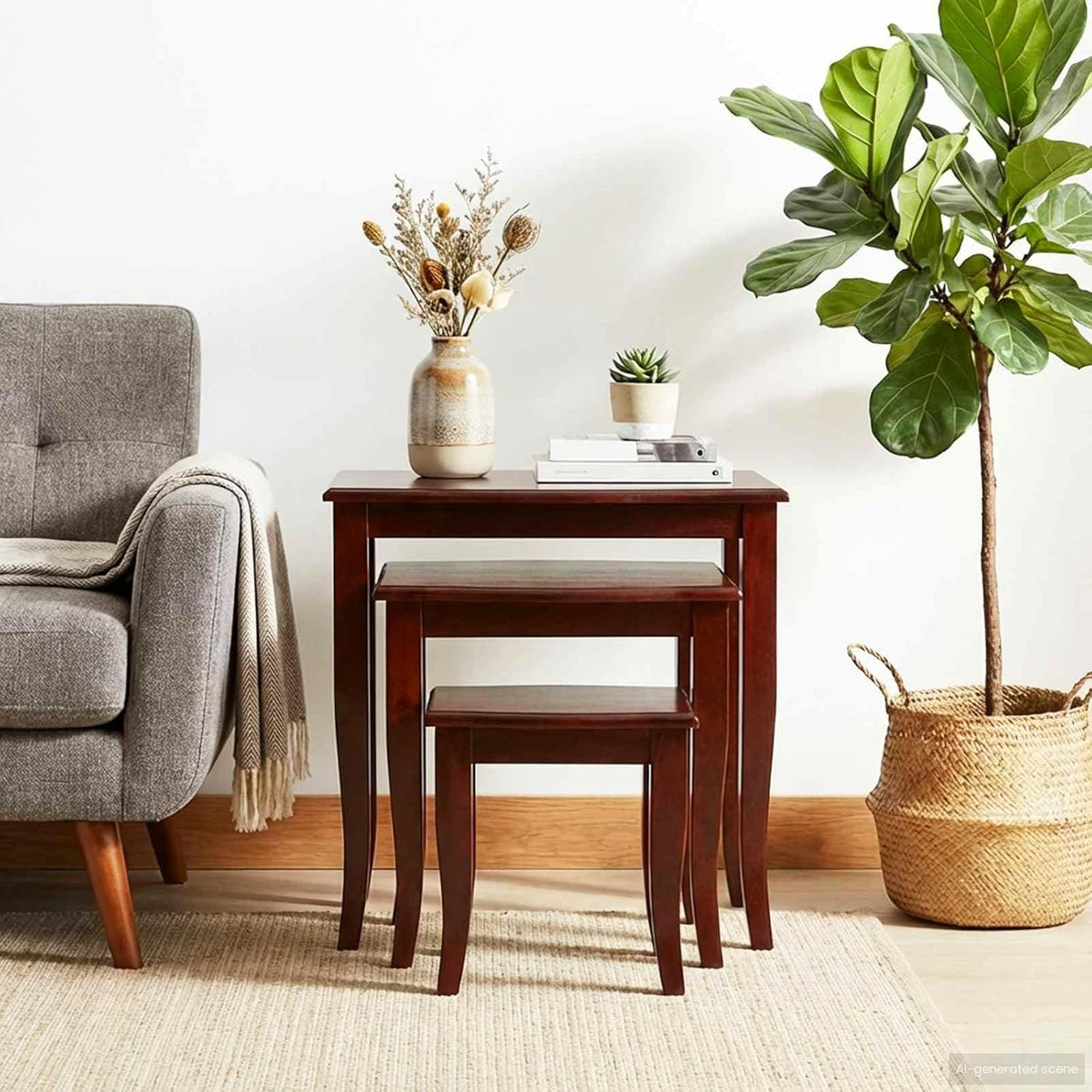 Nesting Side Tables 3 pcs Brown Solid Mahogany Wood | Space Saving Design, Easy Clean Surface, No Assembly Needed, for Living Room or Bedroom