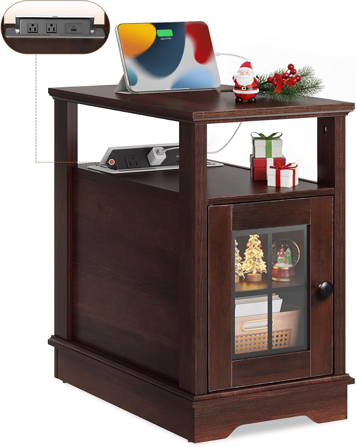 WLIVE Farmhouse End Table with Charging Station, Narrow Side Table with Storage, Small Nightstand with USB Ports and Outlets ，Bedside Cabine for Bedroom, Living Room,Espresso