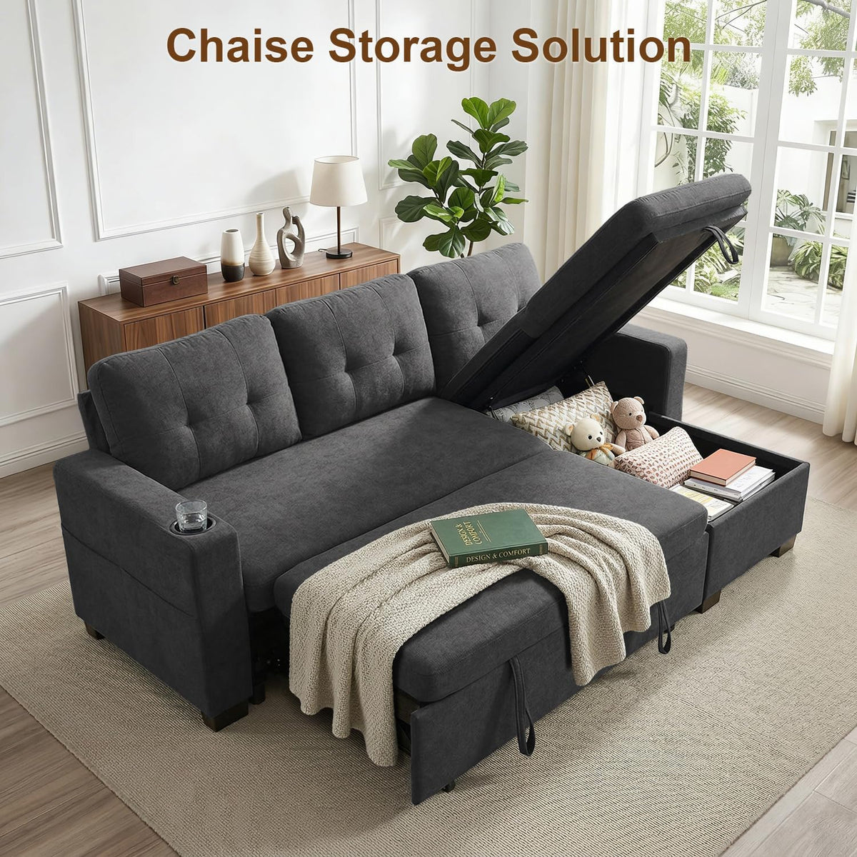 KCGKCG 82" L Shaped Sleeper Sofa Bed, Pull Out Couch Bed with Storage Chaise/Reclining Backrest, Sectional Couches for Living Room with USB Port, Foldable Table, Cup Holder, Side Pocket, Deep Grey