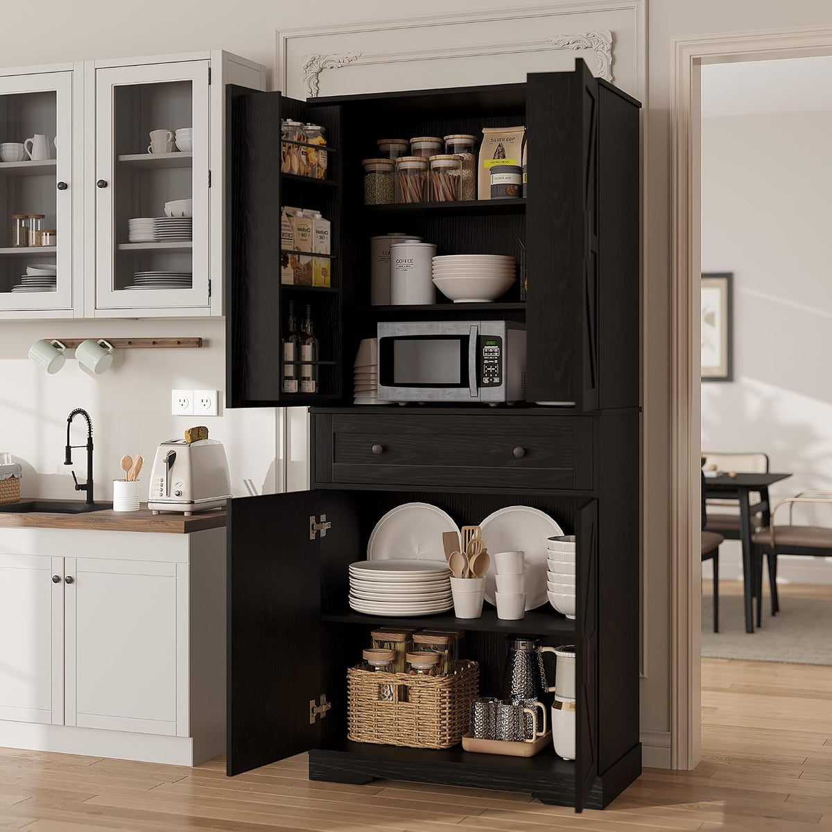 Garvee 71" Kitchen Pantry Cabinet, Barn Door Freestanding Cupboard with Drawer, Sliding Storage Rack, and 6 Hanging Shelves for Kitchen, Dining Room, Living Room Bedroom