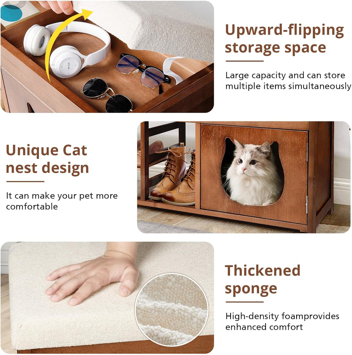 Shoe Bench with Cat Cabinet and Hidden Drawer, 2 Tier Entryway Bench with Storage 43.3 in, Solid Wood Shoe Rack with Cushion for Entryway Hallway Living Room Bedroom (400lbs+)