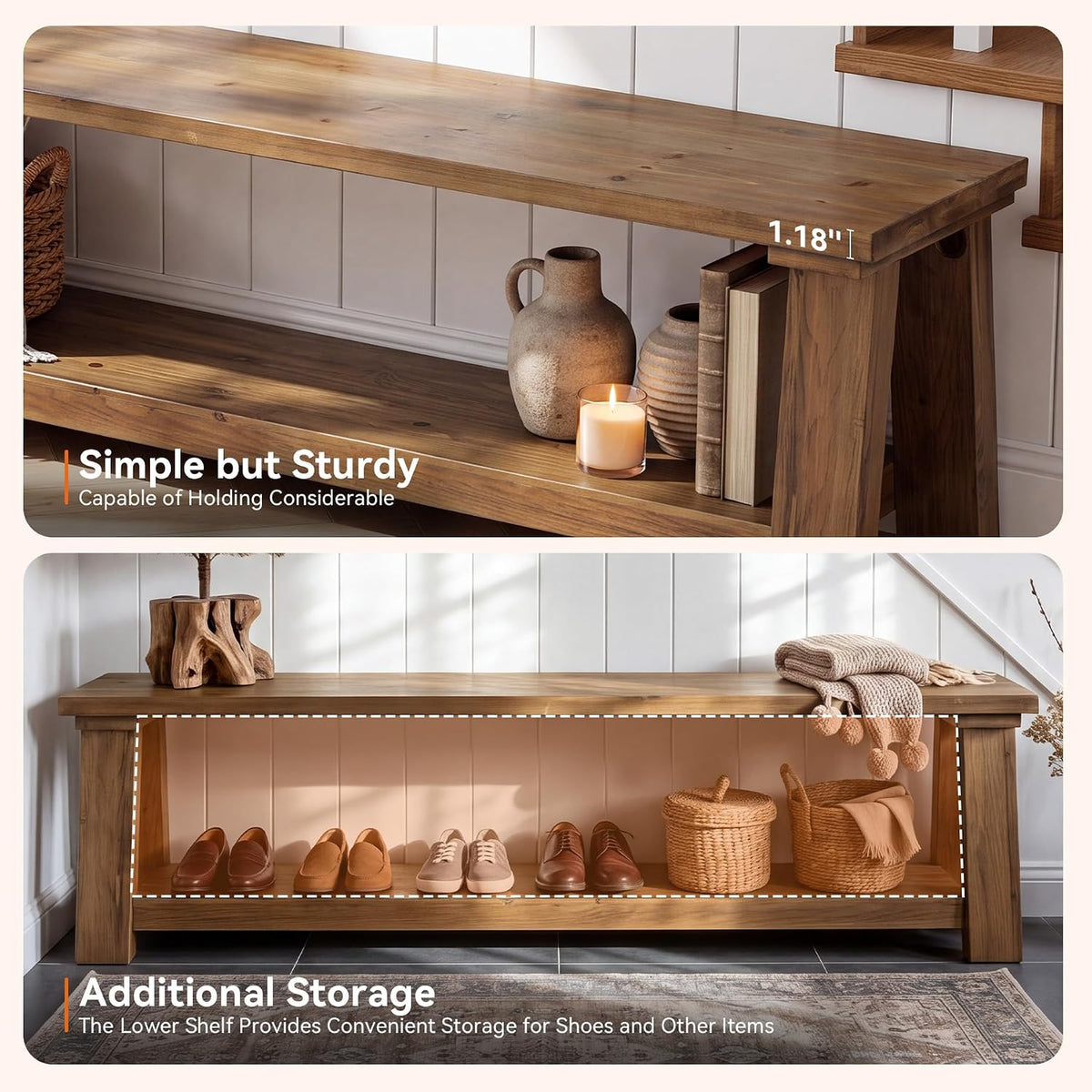 70.87" Long Solid Wood Dining Bench | Farmhouse Kitchen Bench with Storage Shelf for Dining Room, Kitchen, Entryway, Bedroom, Easy to Assemble