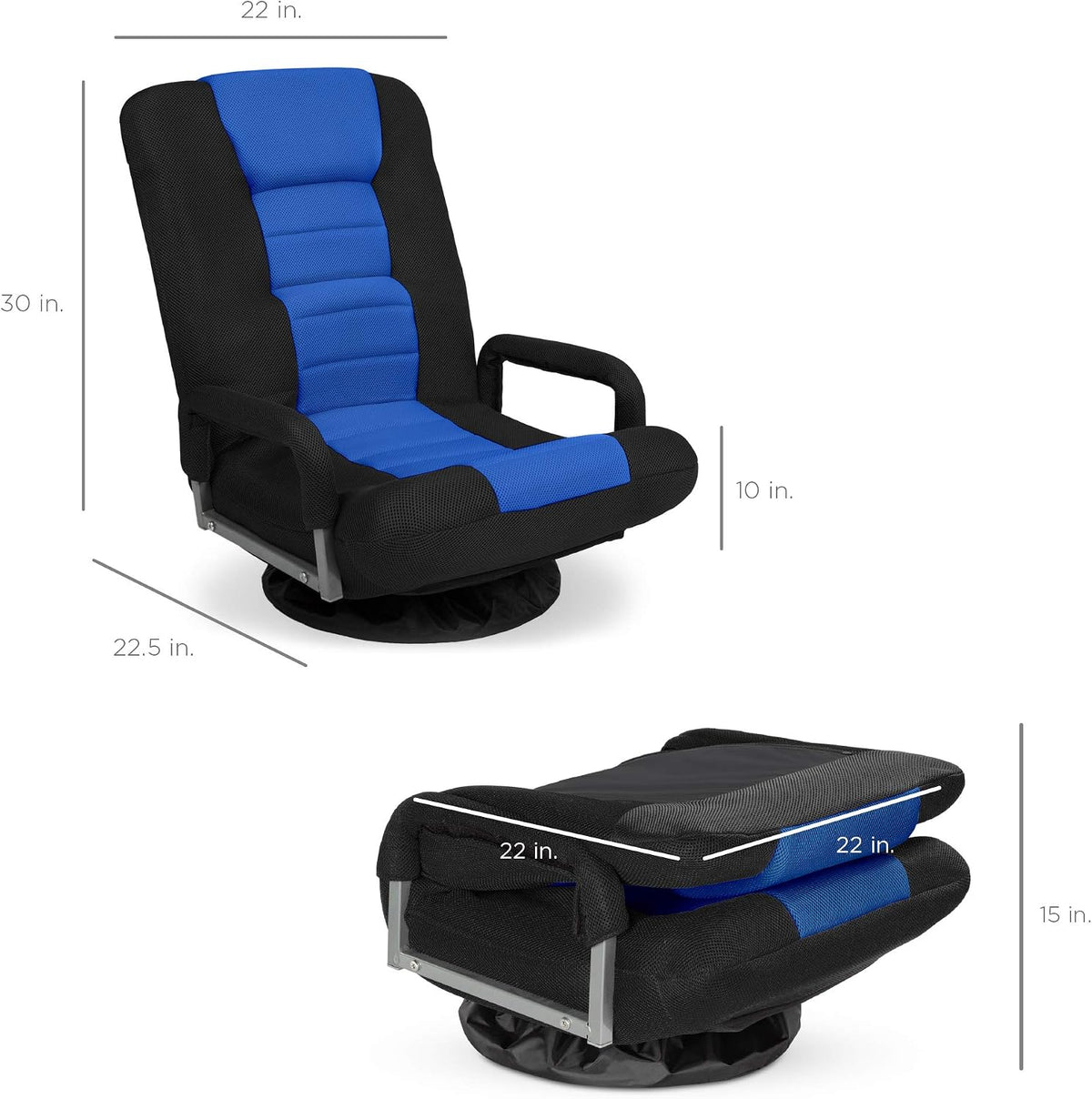 Best Choice Products Swivel Gaming Chair 360 Degree Multipurpose Floor Chair Rocker for TV, Reading, Playing Video Games w/Lumbar Support, Armrest Handles, Adjustable Foldable Backrest - Black/Blue