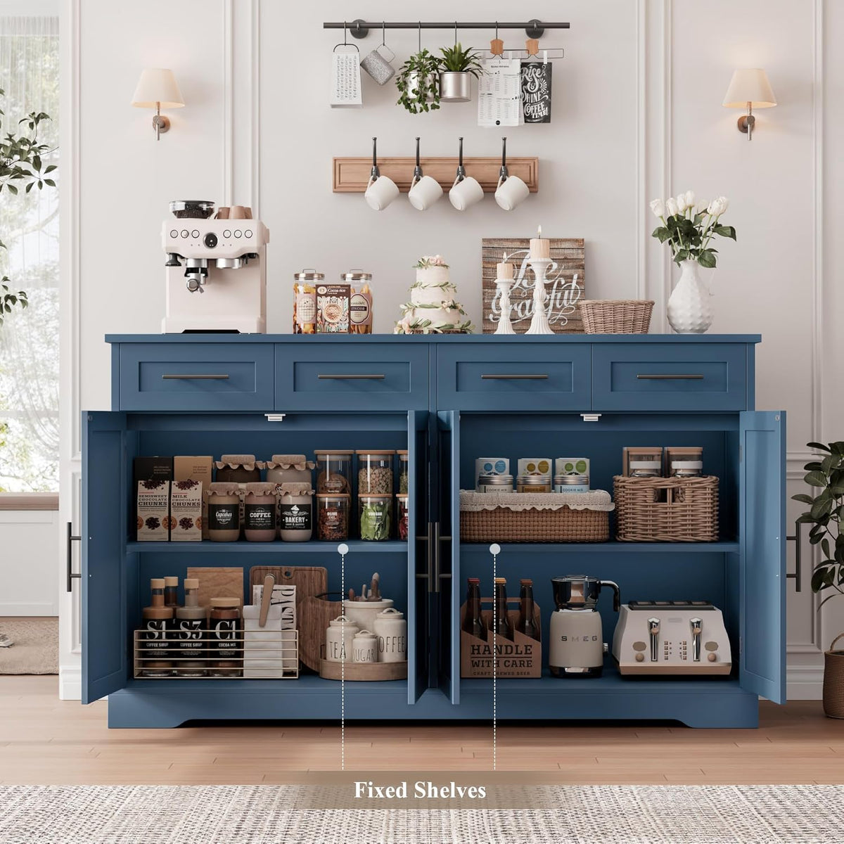 HOSTACK 60" Large Buffet Sideboard with Storage, 36" Tall Kitchen Buffet Storage Cabinet with 4 Drawers, Modern Coffee Bar Cabinet with Black Handles, Long Sideboard Buffet Table for Kichen, Blue