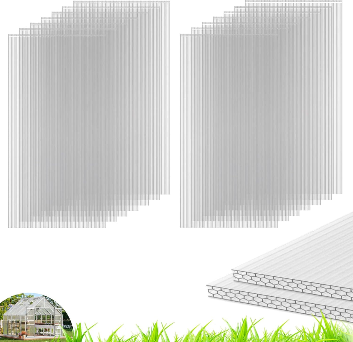 14PCS 4' X 2' X 0.32'' Polycarbonate Greenhouse Panels, Waterproof UV Protected Clear Polycarbonate Sheets Three-Layer Honeycomb Roof Panels, Corrugated Plastic Roofing Panels for Greenhouse