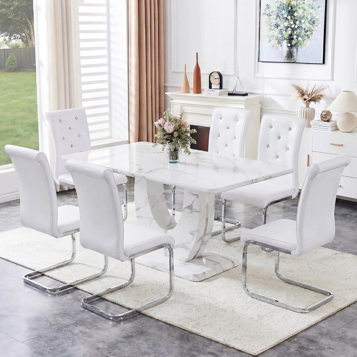Dining Table Set for 6, Kitchen Table Chairs Set of 6, Modern Dining Room Set 63'' Marble Dinner Table PU Leather Upholstered Chairs for Kitchen (White-cro)