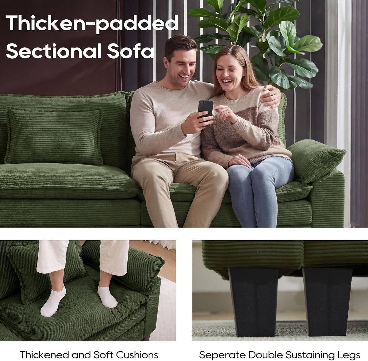 URRED Oversized Modular Sectional Sofa，Solid Green：157" U Shaped | Modern Comfy Cloud Couch with Movable Ottoman and Pillow, Deep Seat Couches for Living Room, Bedroom or Apartment
