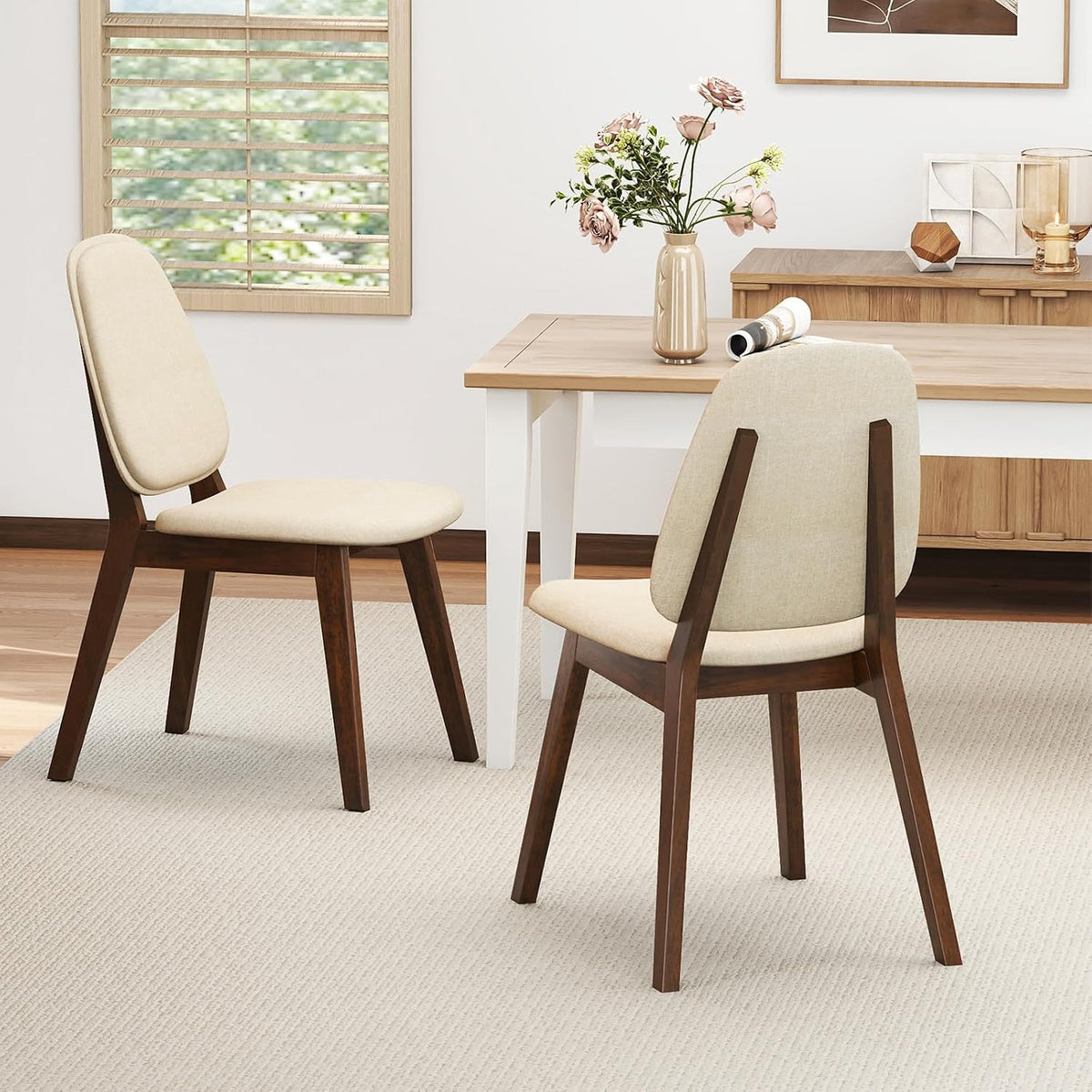 GOFLAME Upholstered Dining Chairs Set of 2, Mid-Century Modern Kitchen Chairs with Padded Seat, Ergonomic Curved Backrest, Rubber Wood Legs, Accent Side Chairs for Dining Room, Living Room, Study