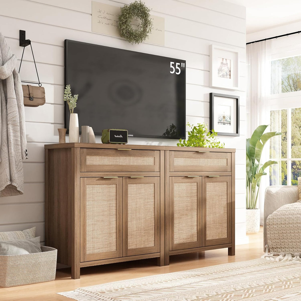 Sideboard Buffet Cabinet with Storage - 30" Rattan Boho Console Cabinets with Drawers, Mid Century Coffee Bar Cabinet for Entryway Living Room, Caramel Oak, Two Doors, Set of 2