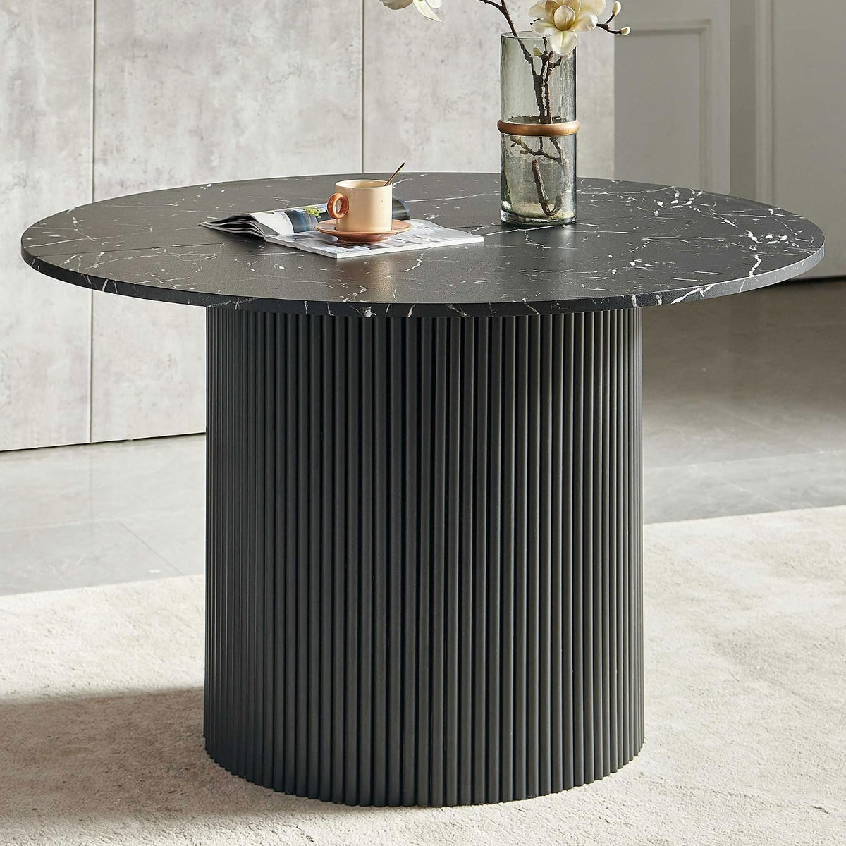 47" Round Dining Table for 4, Modern Farmhouse Marble-Look Foiled Top with MDF Striped Base, Kitchen & Dining Room Tables - Black