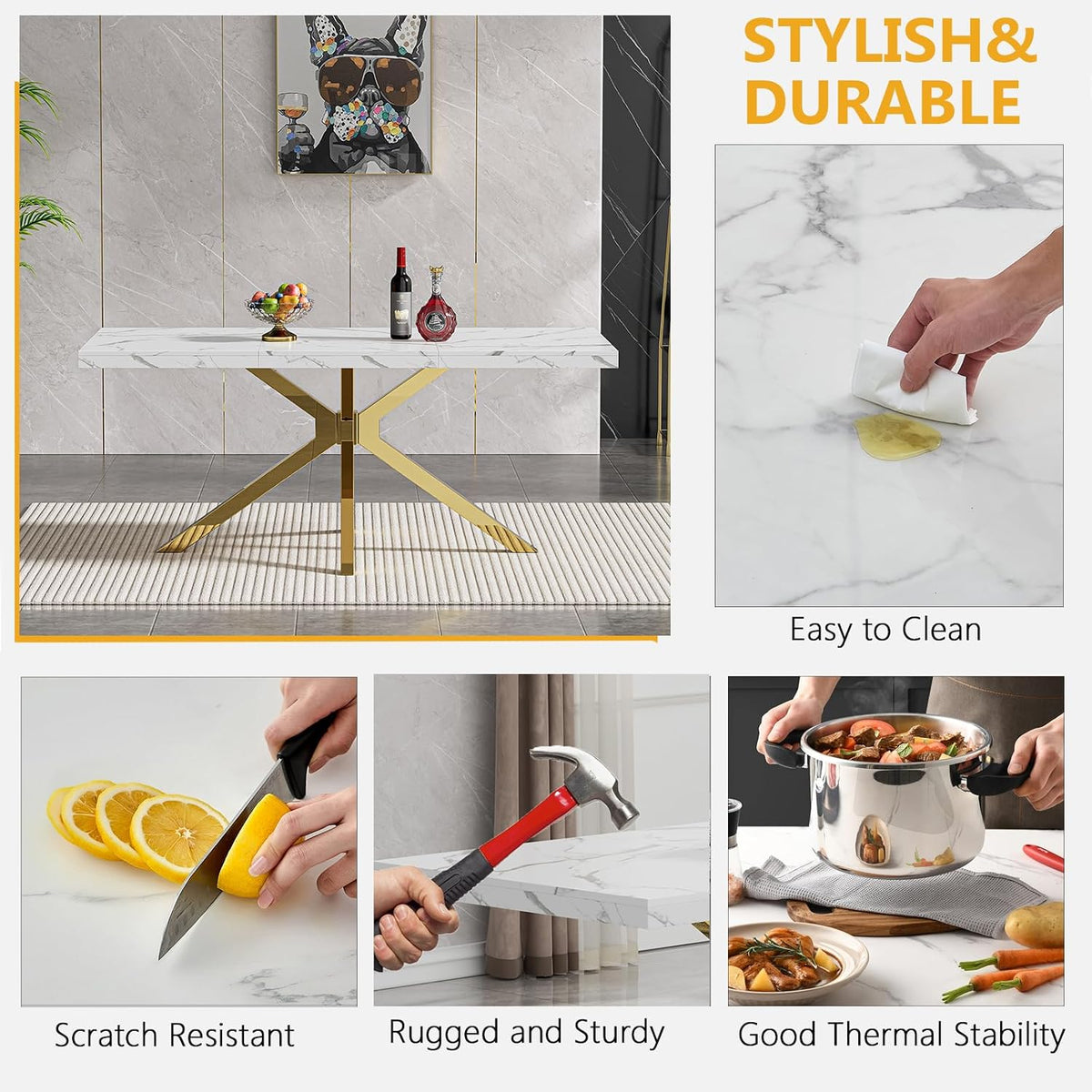 Faux Marble Dining Table Set for 6, Modern Kitchen Table Chairs Set 6, 70" Faux Marble Table with Gold Stainless Steel Leg, 6 White Pu Leather Chairs, 7 Piece Dining Set for Kitchen Living Dining Room