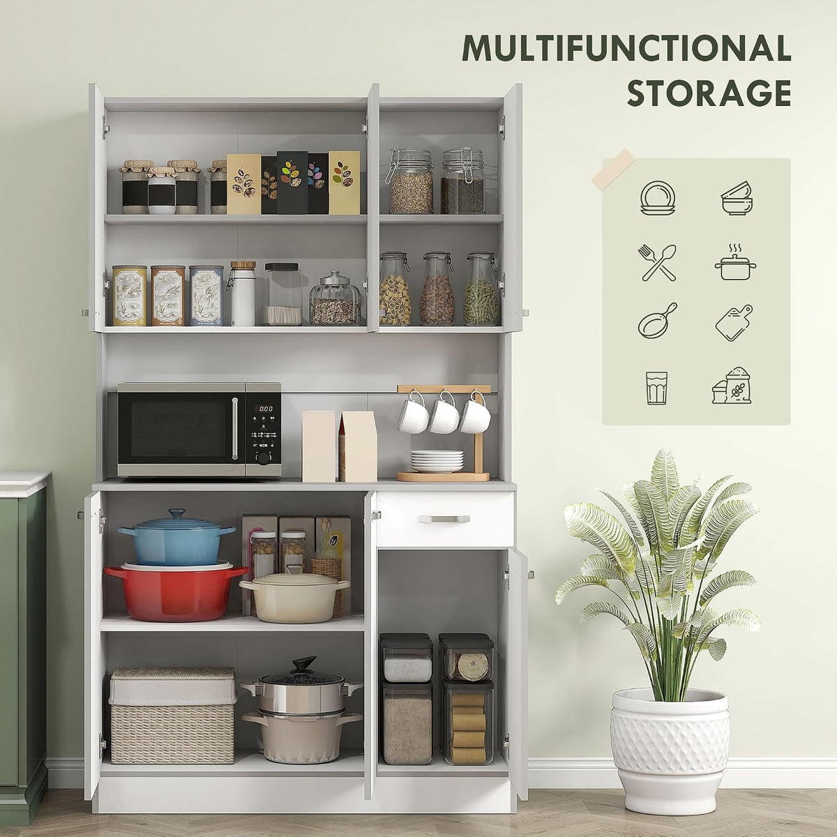 HOMCOM 71" Kitchen Pantry Cabinet, Tall Storage Cabinet with Microwave Stand, Buffet with Hutch, 6 Doors, Storage Drawer, 3 Adjustable Shelves for Living Room, Dining Room, White
