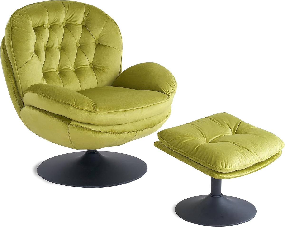 Velvet Swivel Accent Chair with Ottoman Set,Modern Tufted Armchair with Footrest for Living room,Reading TV Chair for adult,Comfy Chaise Lounge Chairs with 360 Degree Swiveling for bedroom,Olive Green
