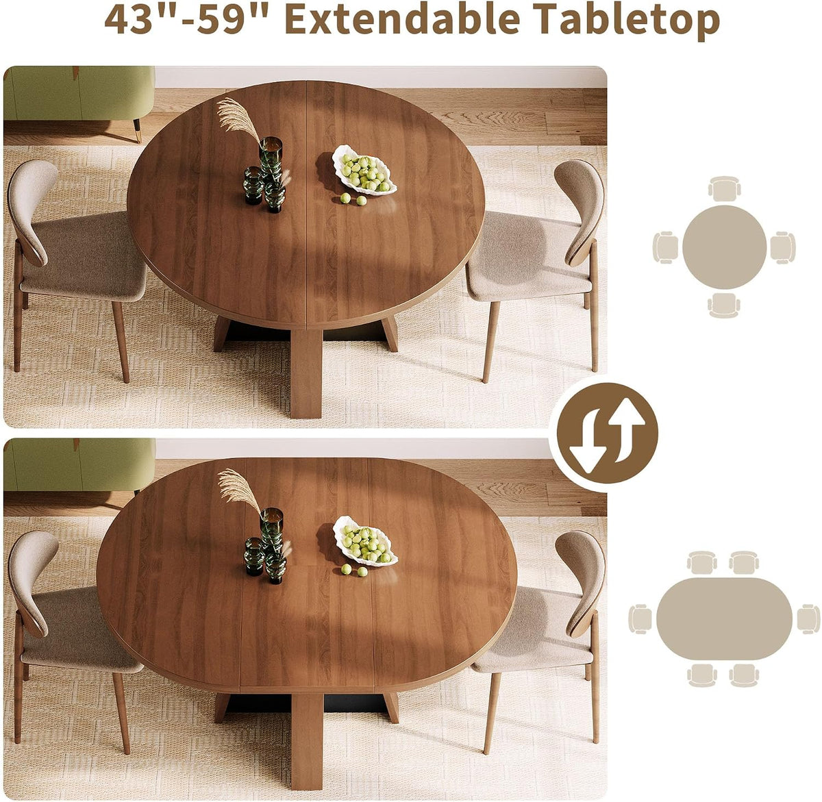 iPormis 43.3in-59in Extendable Round Dining Table for 4-6, Modern Wooden Kitchen Table for Dining Room, Adjustable Size Oval Circle Dinner Tables Furniture for Kitchen Living Room, Walnut Brown