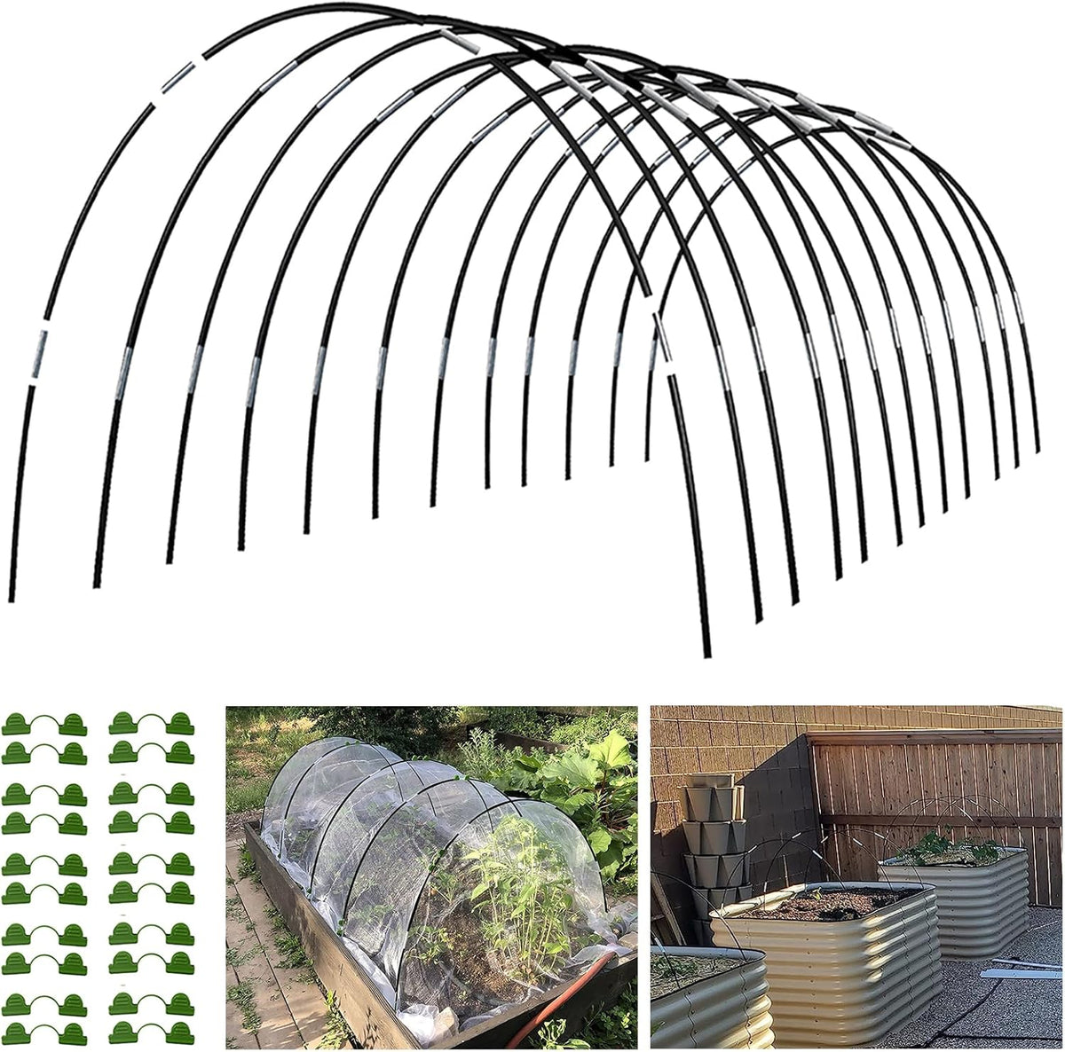 Garden Hoops Grow Tunnel, 12 Sets of 7FT Greenhouse Hoops for Raised Beds, Rust-Proof Fiberglass Frame for Garden Netting, Small Greenhouse Kit, DIY Plant Support Garden Stakes, 60 pcs
