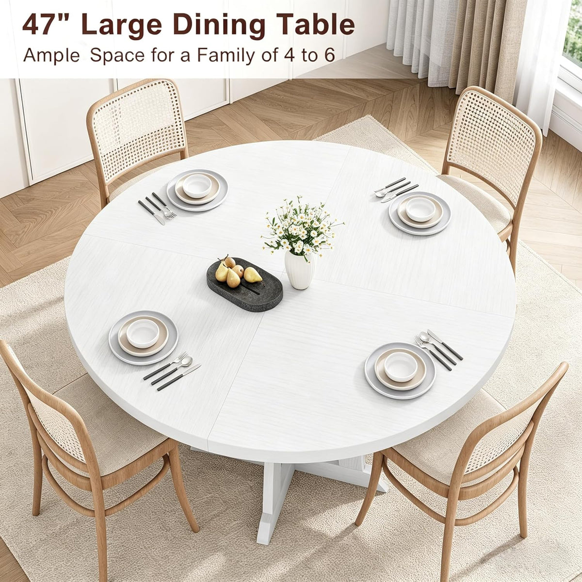 GarveeHome Round Dining Table for 4, 47 Inches Dining Room Table with Wooden Base, Kitchen Table with Circle Tabletop, Dinner Table for Dining Room, Kitchen, Living Room, White