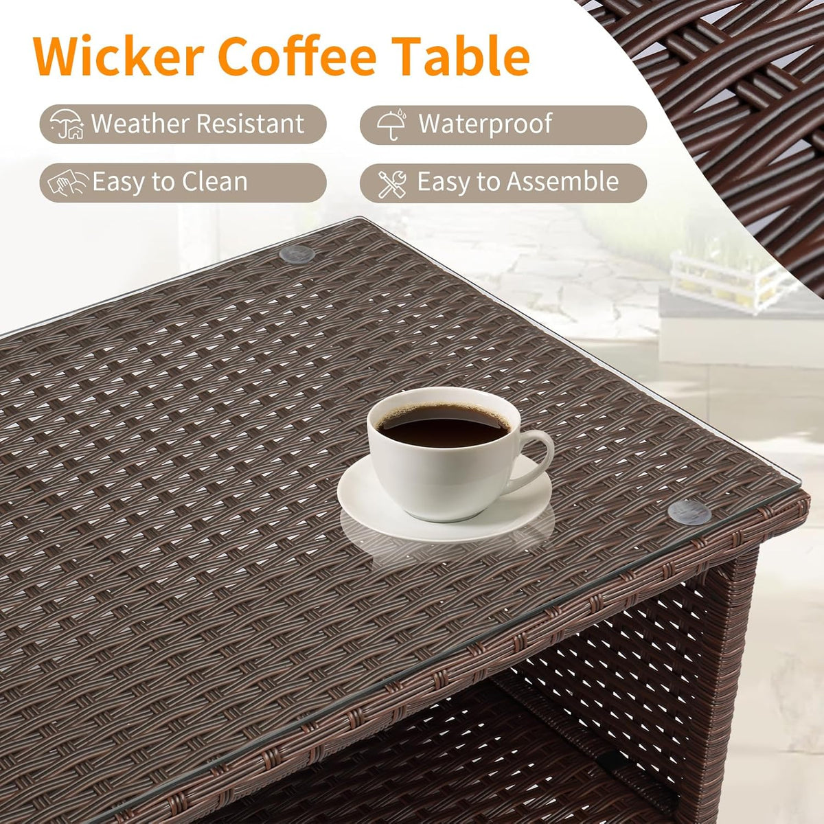 VINGLI Outdoor Wicker CoffeeTable Patio Coffee Tables for Outside, Tempered Glass Top Wicker Table with Storage Coffee Table for Patio Balcony Porch Deck (Brown)