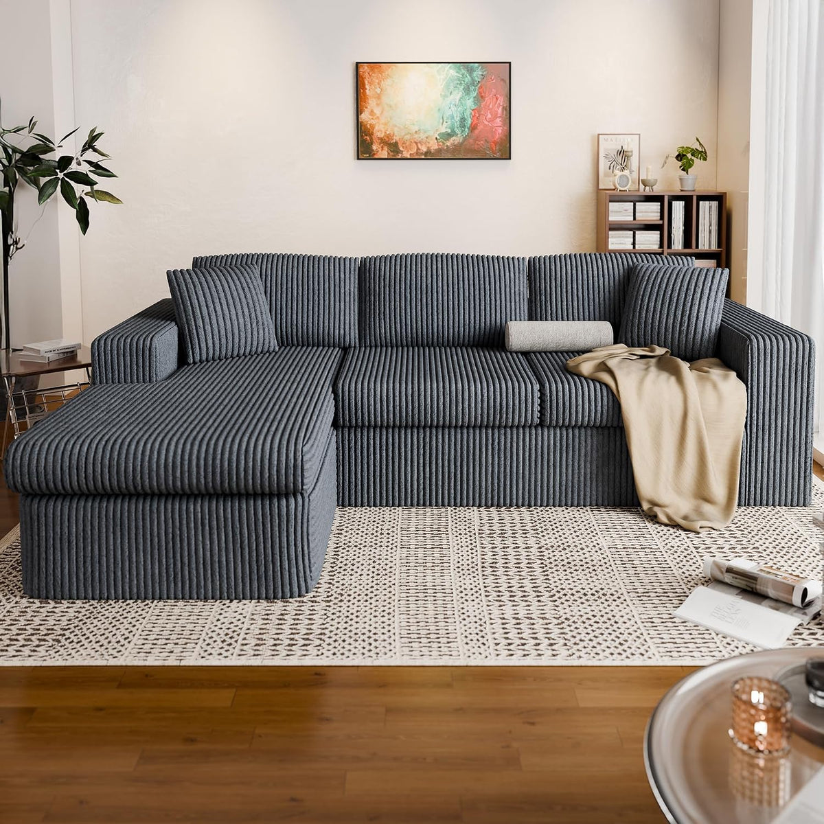 Vongrasig 105" Couches for Living Room,Sectional Couches Modular Sofa with L-Shaped Chaise, Memory Foam Comfy Cloud Couch with Plush Corduroy Fabric, No Assembly Required, (Dark Grey)