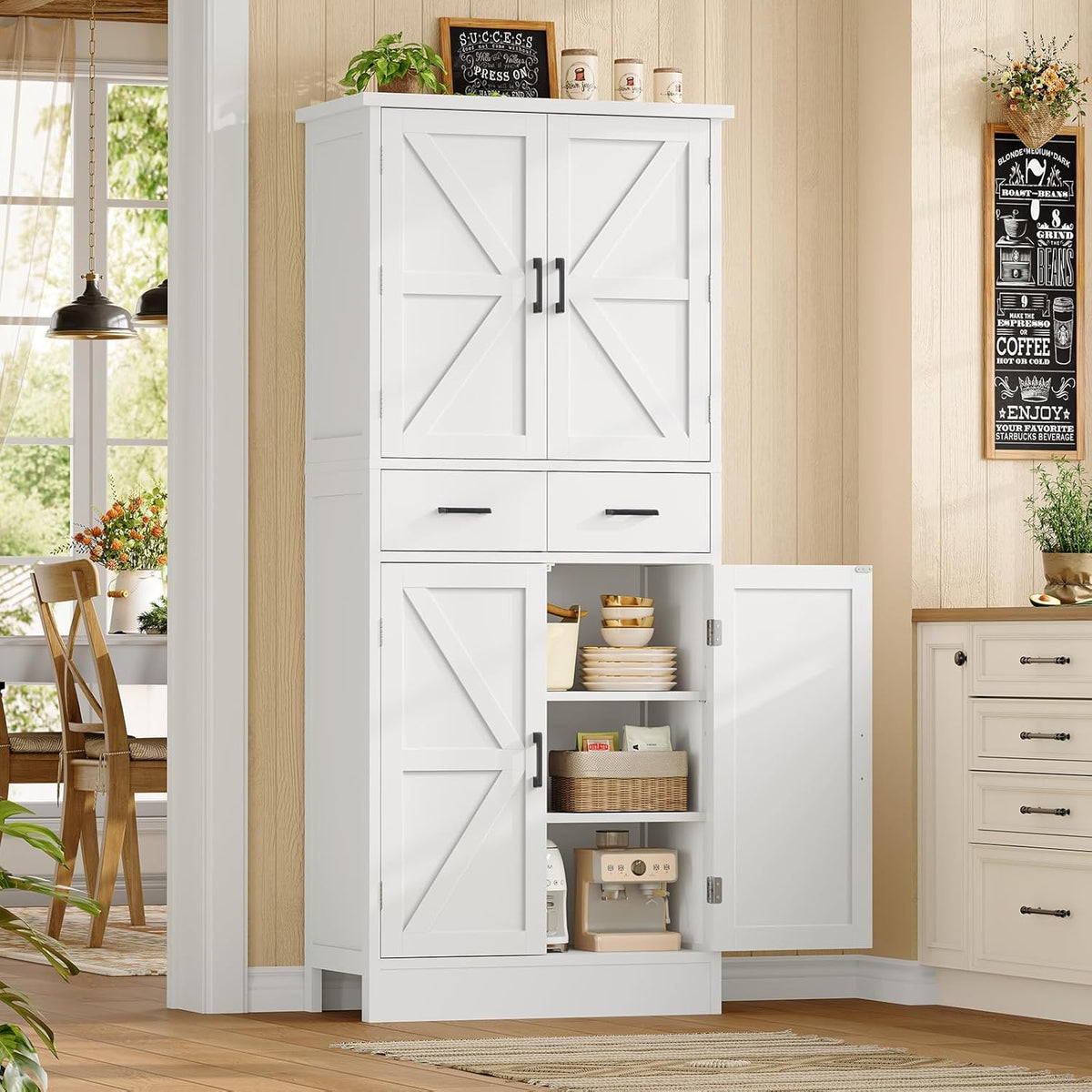 TEENFON Farmhouse Pantry Cabinet, 66.9″H Tall Kitchen Storage Cabinet with Barn Doors, Adjustable Shelves & Drawer, Freestanding Cupboard for Kitchen, Dining Room, Living Room, Bathroom, White