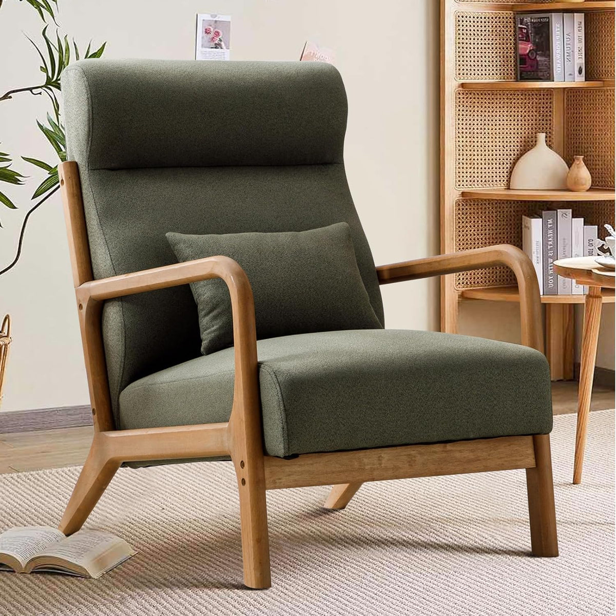INZOY Mid Century Modern Accent Chair with High Back, Upholstered Living Room Chairs with Waist Cushion, Wood Frame Reading Armchair for Bedroom Sunroom, Green