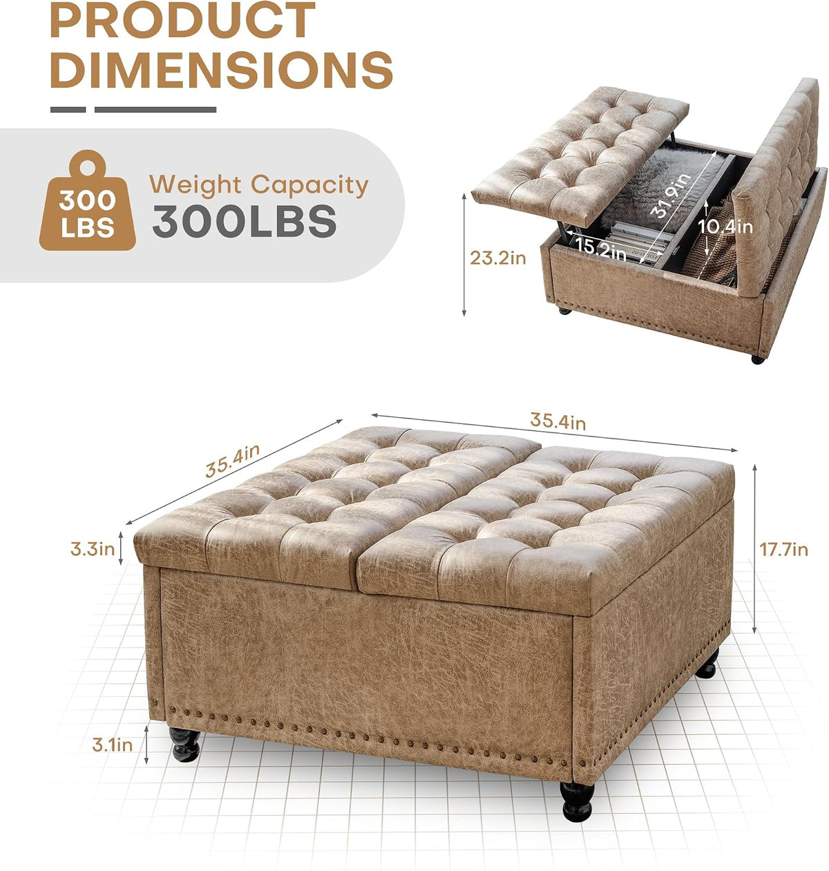 Redlife 35 Inch Large Square Storage Ottoman, Coffee Table Ottoman, Faux | Lift Top Ottomans Bench Square Footrest Oversized Upholstered Coffee Table for Living Room Bedroom Faux Leather (Champagne)