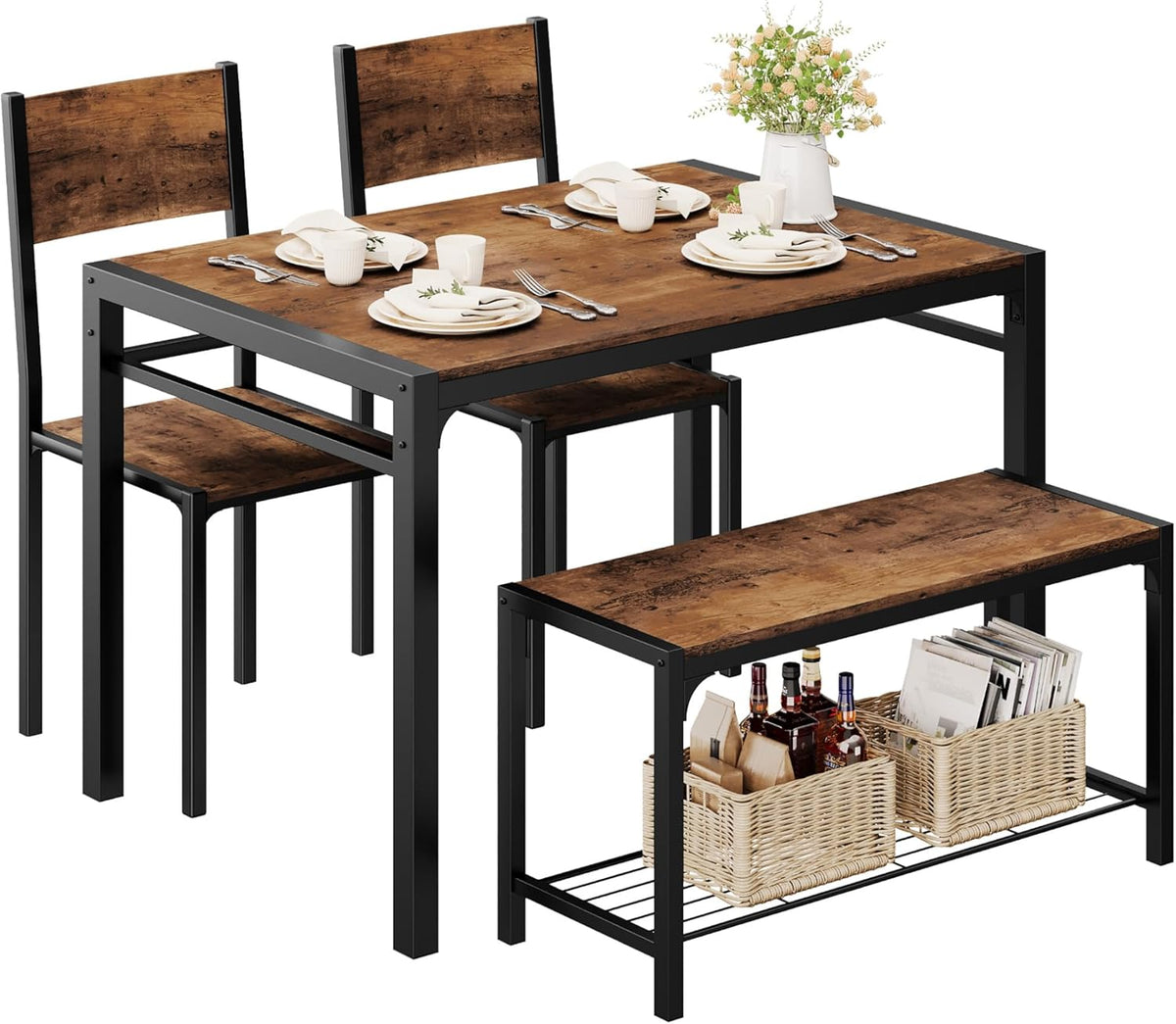 Shahoo Kitchen Table and 2 Chairs for 4 with Bench, 4 Piece Dining Sets for Small Space,Deep Brown