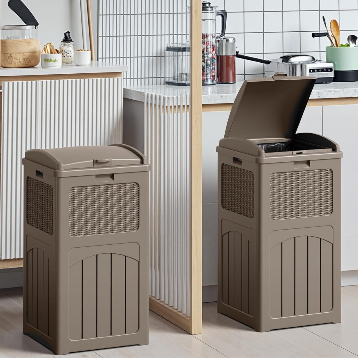 Devoko 33 Gallon Outdoor Trash Can with Dual Lid, Heavy Duty Waterproof Resin Garbage Bins Outside, Hideaway Waste Bins for Patio, Outside Pool, Backyard and Deck (2, Brown)