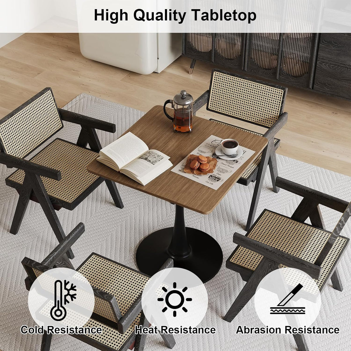 Walnut Square Tulip Table for 2, 24 Inch Small Dining Table with Metal Pedestal Base for Kitchen, Mid-Century Modern Table with Round Corners for Living Room, Cafe and Home Office