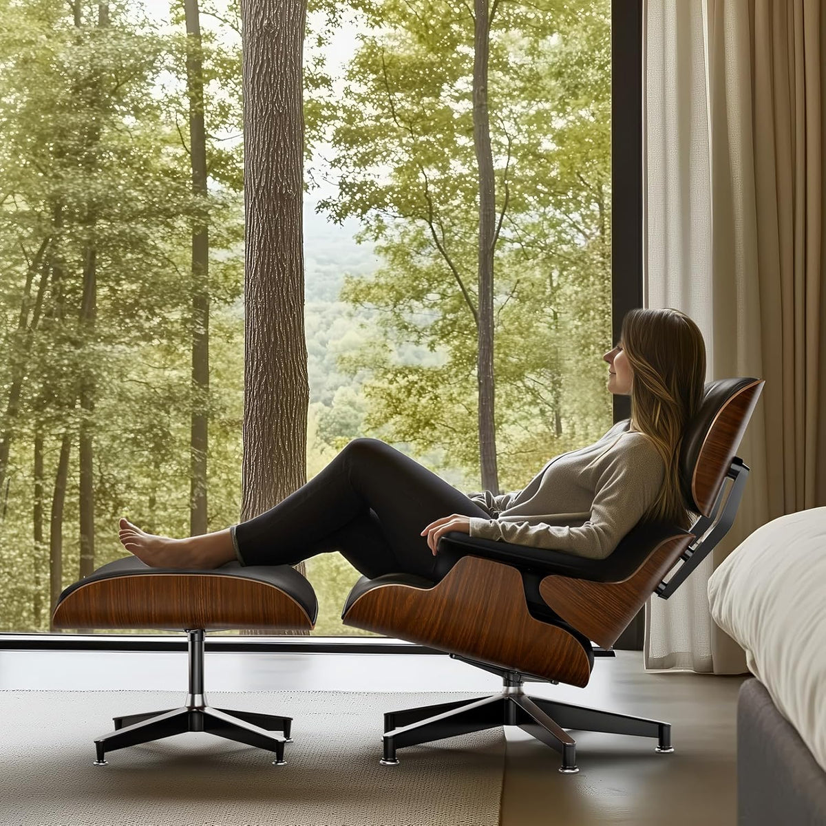 Top Black PU Leather, Mid Century Chaise Lounge Chair and Ottoman, Modern Chair Classic Design, Walnut Wood, Heavy Duty Base Support for Living Room Office