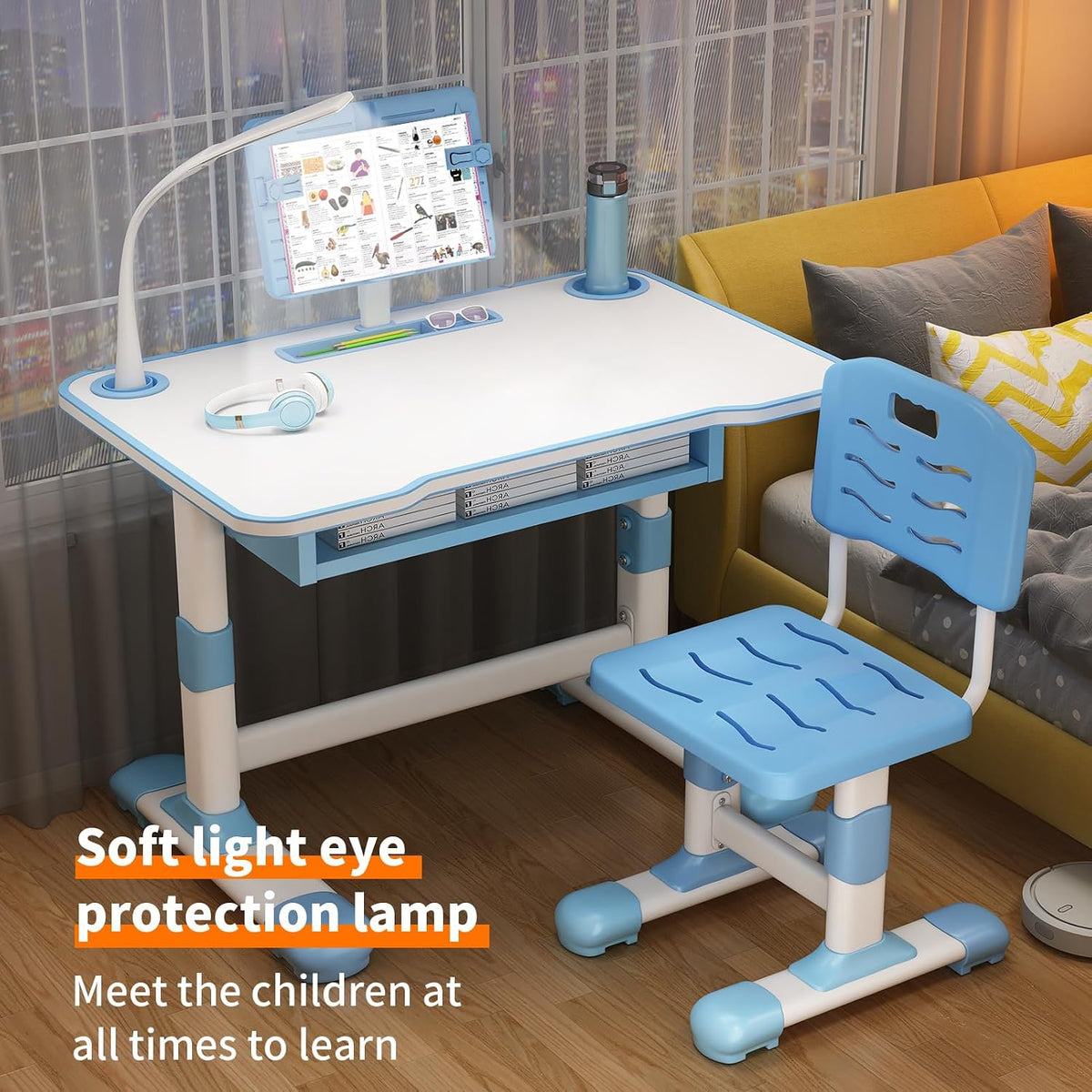 Cuteam Kids Study Desk Chair Set, Height Adjustable Toddlers Writing Table with Tiltable Reading Stand, Living Room Bedroom Children Learning Table with Extra Large Drawer (Blue)