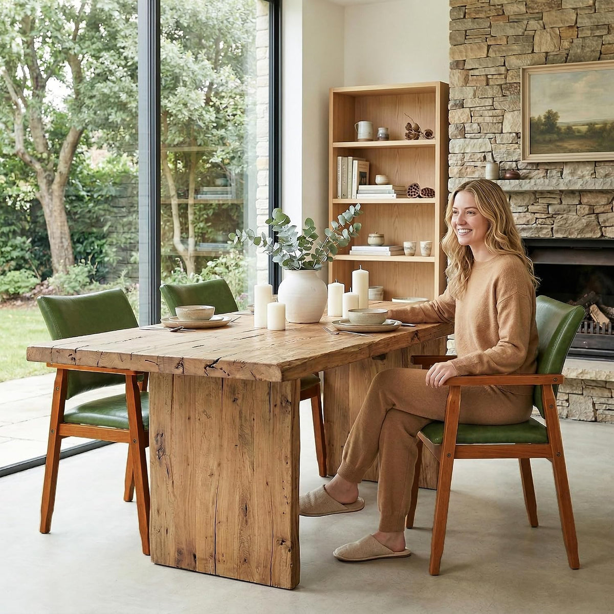 NOBPEINT Mid-Century Modern Dining Chairs with Armrest Set of 2, PU Leather Upholstered Dining Room Chairs with Solid Wood Frame, Walnut Kitchen Armchairs for Kitchen Living Room Restaurant, Green