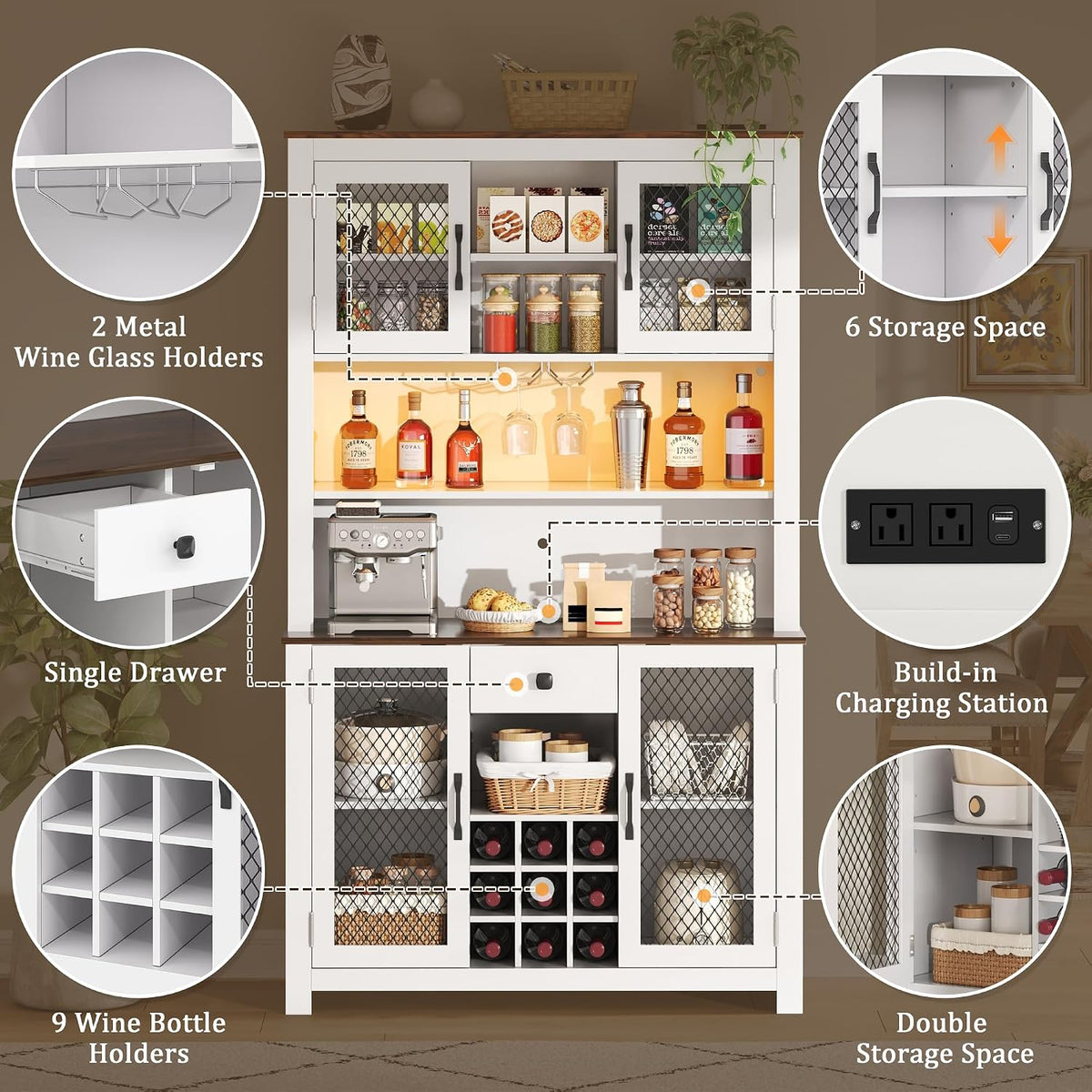 70.9” Kitchen Pantry Cabinet, Farmhouse Rustic Buffet Hutch with LED Lighting and Power Outlets, Large Food Pantry Cabinet with Doors and Adjustable Shelves, Storage Cabinet with Wine Rack for Kitchen