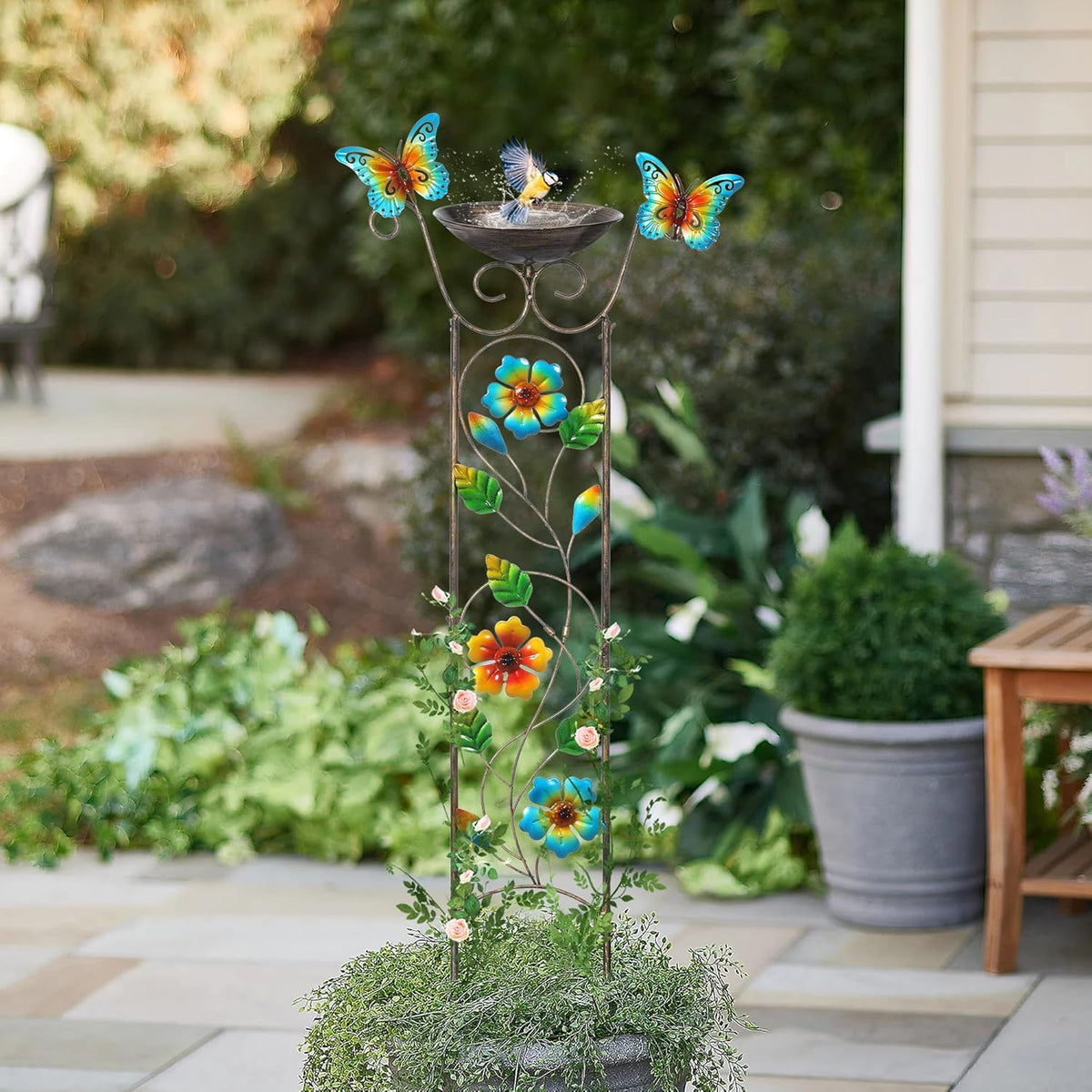 SUNNYPARK Bird Bath with Trellis Outdoor, Antique Garden Iron Plant Trellis with Decorative Floral-Butterflies Detachable Bird Bath Bowl Metal Potted Plants Support for Climbing Flowers