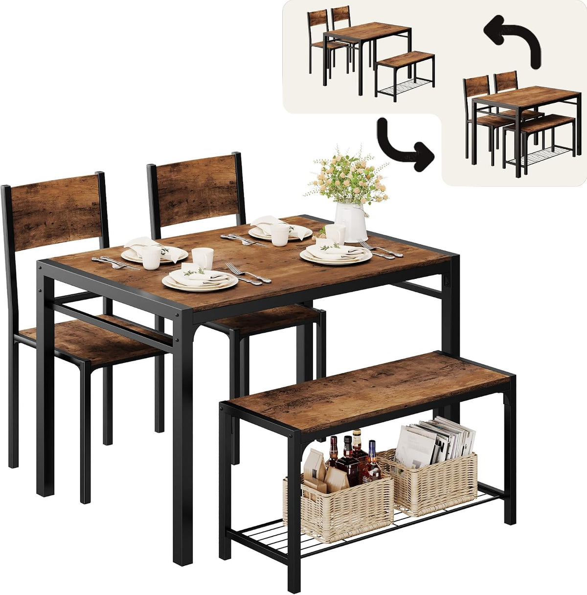Shahoo Kitchen Table and 2 Chairs for 4 with Bench, 4 Piece Dining Sets for Small Space,Deep Brown