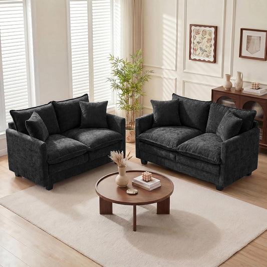 Loveseat Sofa Couch 2 Piece Set, Small Compact 50" Love Seat 27" Deep Cloud Sofa Set Washable Chenille Pillow Living Room Set for Apartment Office 50-Black-2+2