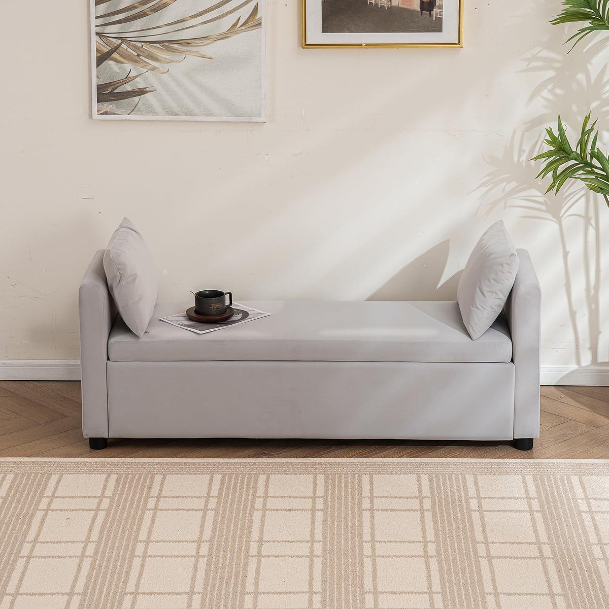 Storage Bench for Bedroom, 55" End of Bed Bench for King Size Bed, Modern Upholstered Long Ottoman Bench with Arms and 2 Pillows for Living Room/Entryway (Grey)