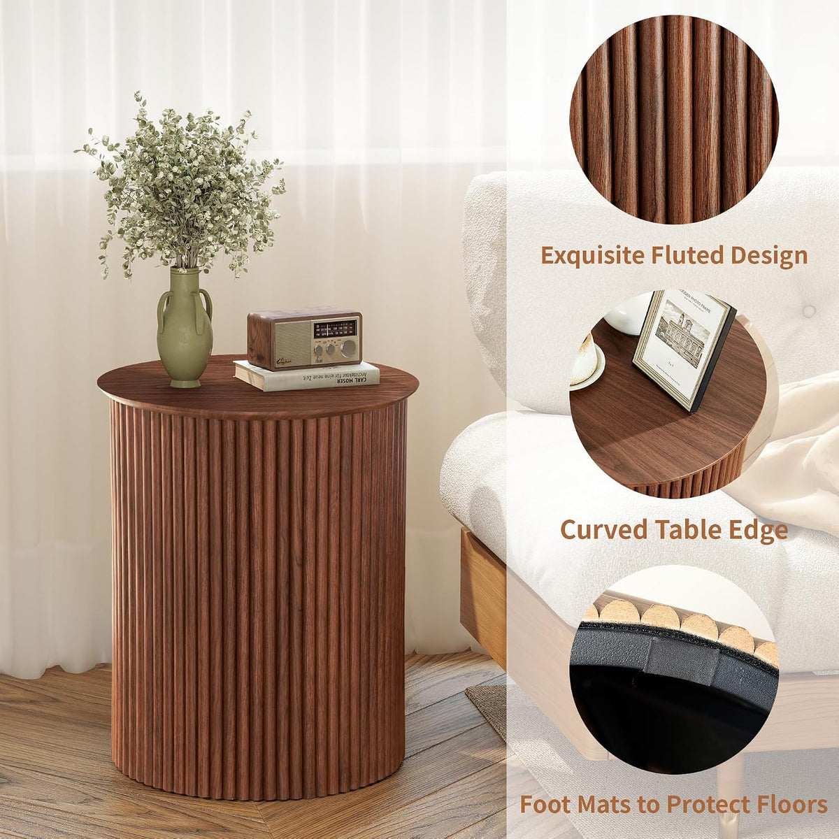 AVZEAR Small Round Side Table Fluted Night Stand Set of 2, 17.7" Mid Century Modern End Table, Circle Bedside Tables Wood Nightstands for Small Spaces, Living Room, Bedroom (Rustic Walnut)