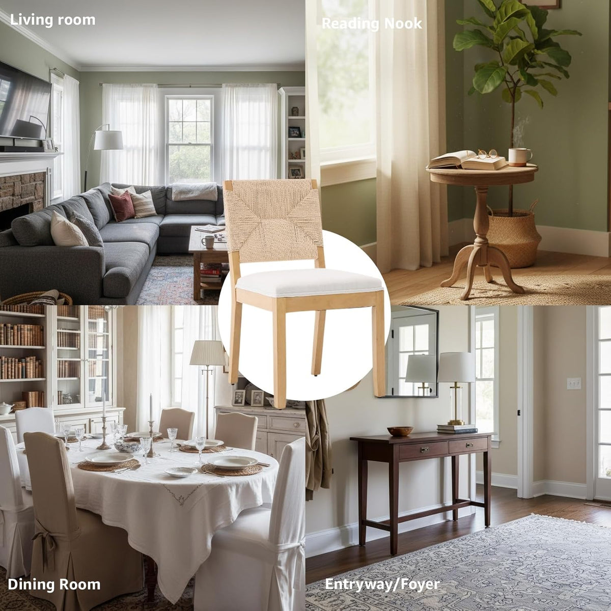 French Country Dining Chairs Set of 8, Beige Farmhouse Wood Dining Room Chairs, Woven Back Linen Upholstered Dining Chair, Solid Wood Legs, Boho Style Kitchen Chairs, Sillas de Comedor
