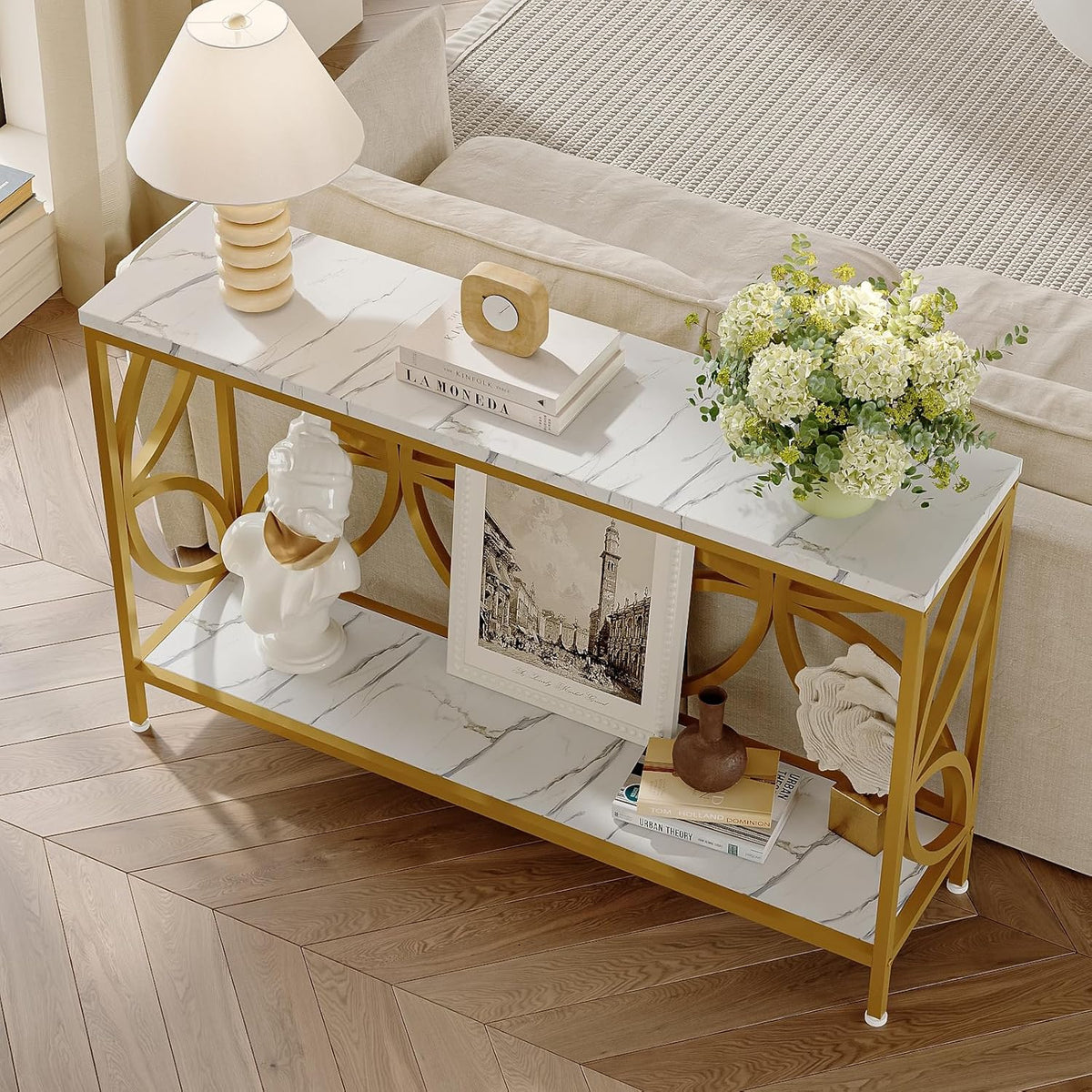 GiftGo Narrow Sofa Table 47.2 Inch, Industrial Sofa Table Behind Couch, Vintage Entry Console Table with Storage for Entryway, Living Room, Foyer, Elegant Design (White and Gold, 47.2)