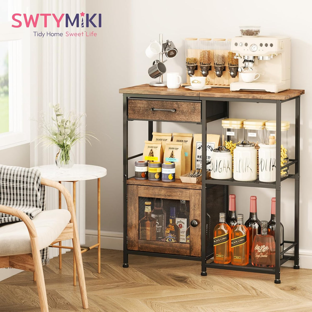 SWTYMIKI Coffee Bar Cabinet for Home - Farmhouse Coffee Stand Station Multi-Purpose Buffet Sideboard Cabinet with Drawers - Kitchen Bar Table for Living Room, Corner, Small Space, Espresso