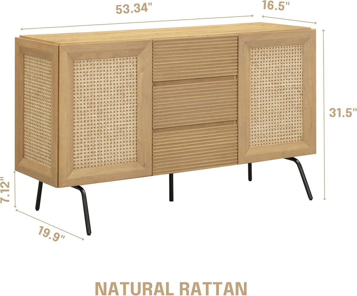 NTC MOSSIC Sideboard with 2 Doors and 3 Drawers, Buffet Cabinet with Natural Rattan and Metal Legs, Modern Storage Cabinet for Living Room, and Hallway, Effortless Assembly, Sand