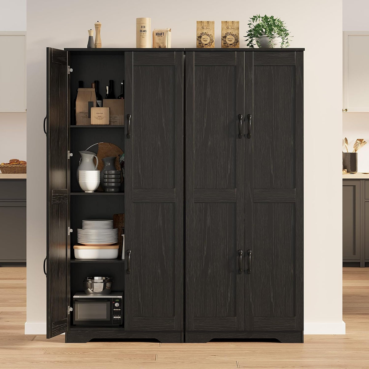 GarveeLife Tall Pantry Cabinet with Adjustable Shelves, 60" Freestanding Kitchen Pantry Storage Cabinet with Anti-Tip Device, MDF Cupboard for Kitchen, Bathroom, Living Room, Black