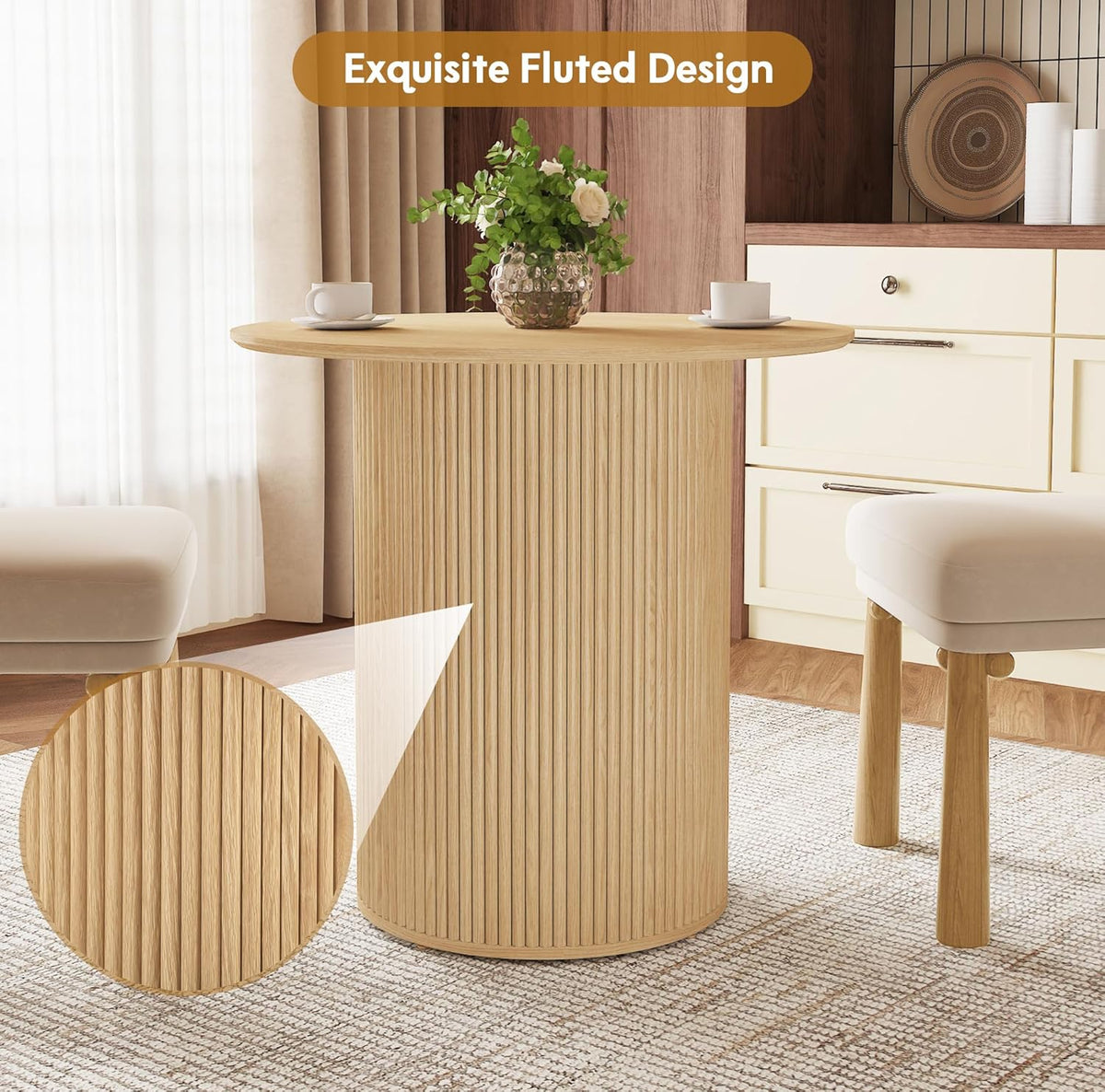 AVZEAR 31.5" Round Dining Table for 2 People, Small Kitchen Dinner Table with Fluted Wood Base, Farmhouse Circle Dining Tables for Home, Kitchen, Dining Room, Living Room (Nature)