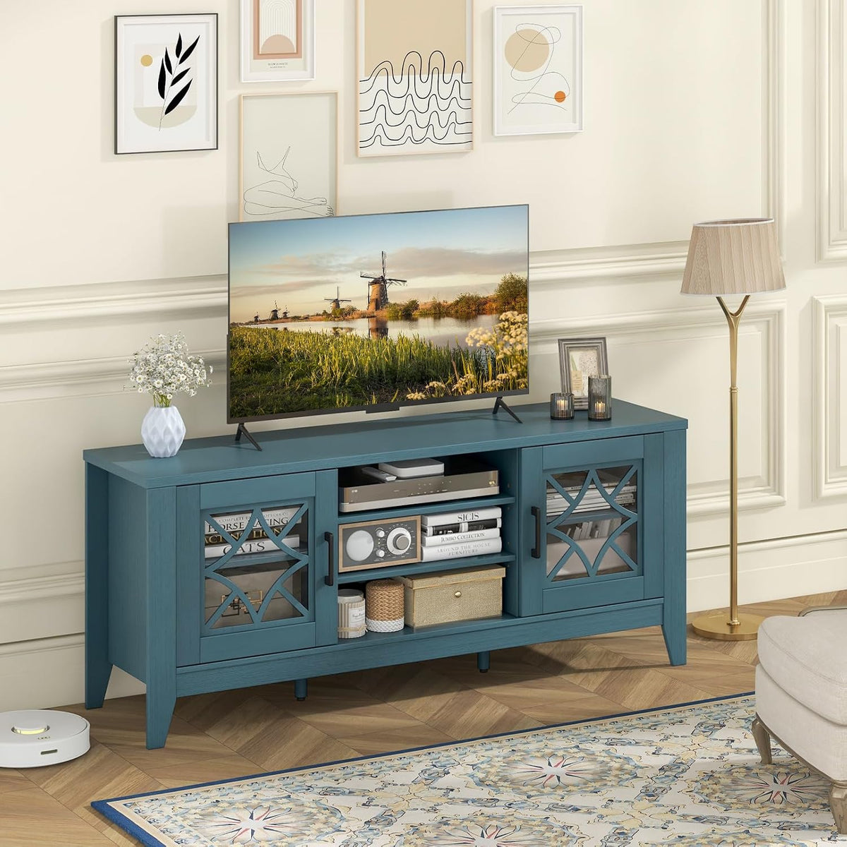 Tangkula Farmhouse TV Stand for TVs Up to 65-in, Classic Media Entertainment Center w/Glass Door Cabinets & 4 Adjustable Shelves, Modern TV Console Table w/ 3 Cable Holes for Living Room (Teal Blue)