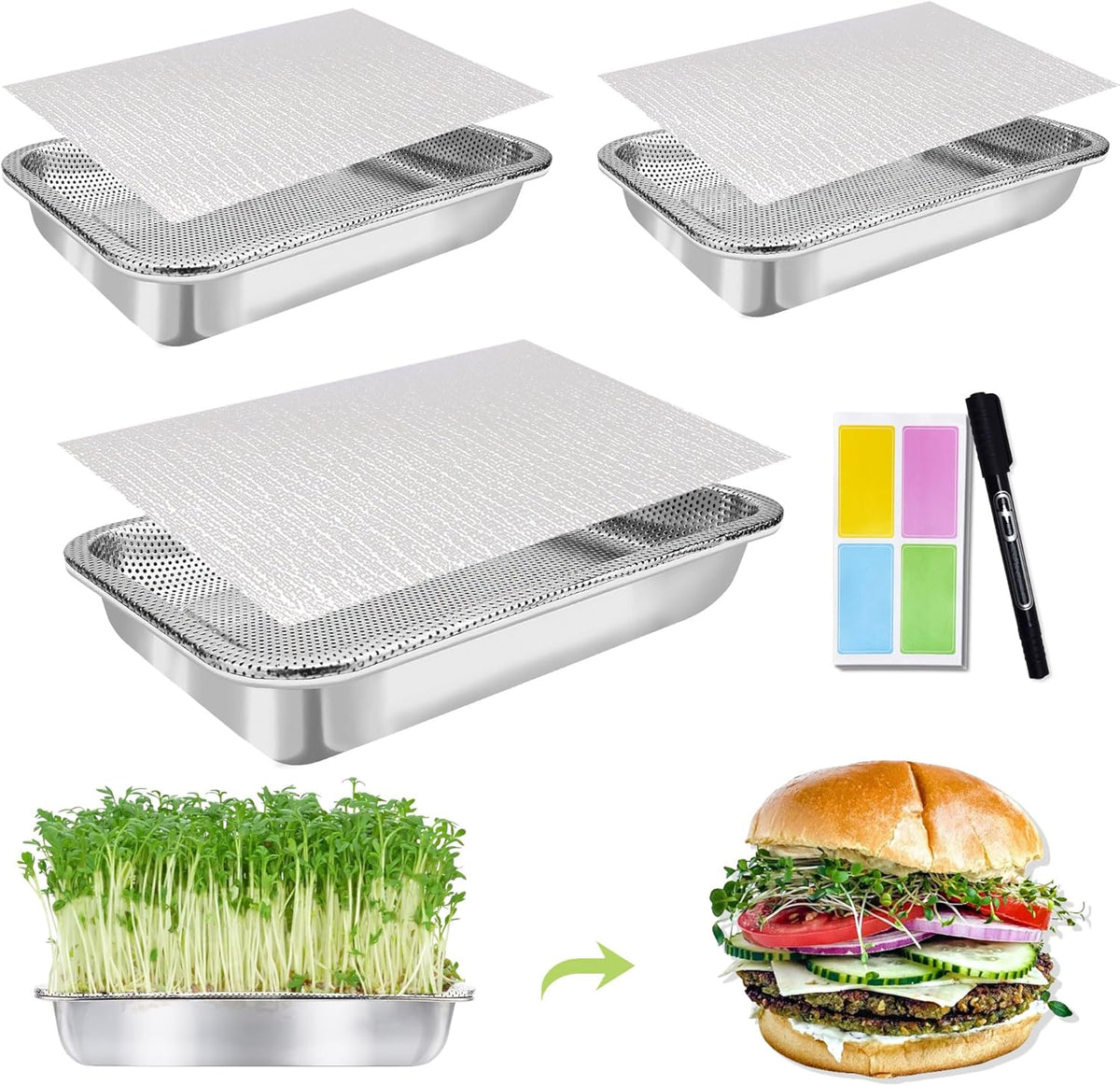 Stainless Steel Sprouts Growing Kit 3-Tier 10.4 inch Trays, Microgreens Growing Kit, Seed Sprouting Tray with Encrypted Mesh Sprouts for Beans Alfalfa Broccoli Wheat Grass
