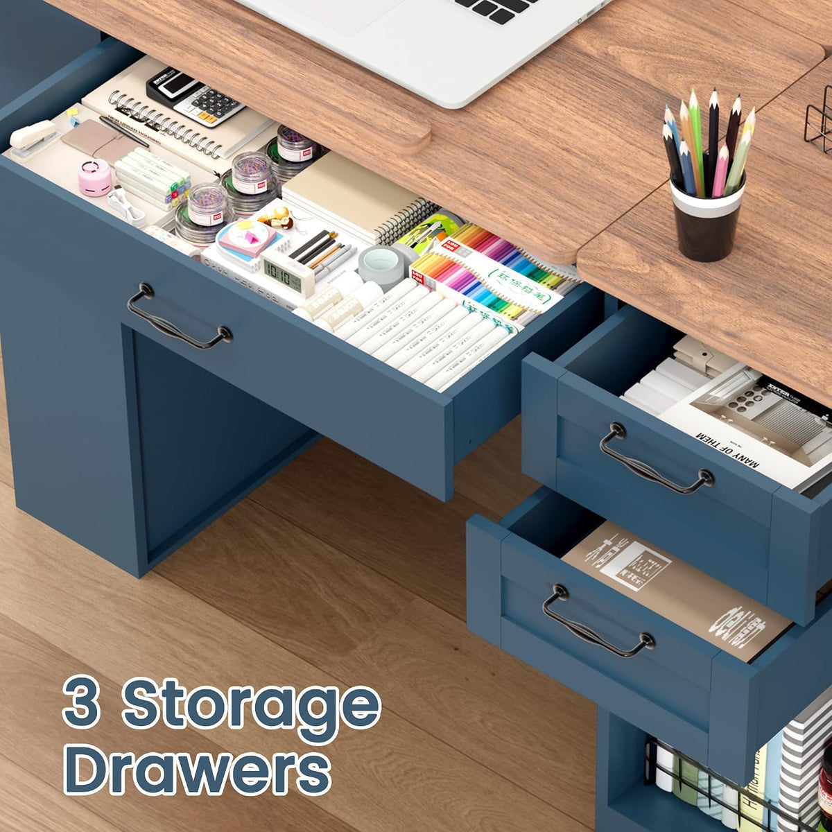 Drafting Table with Storage Cabinet & Drawers, Adjustable Drawing Table with Open Shelves, Craft Art Desk for Artists, Painters, Drawing, Crafting, Reading, Writing, Working (Blue)