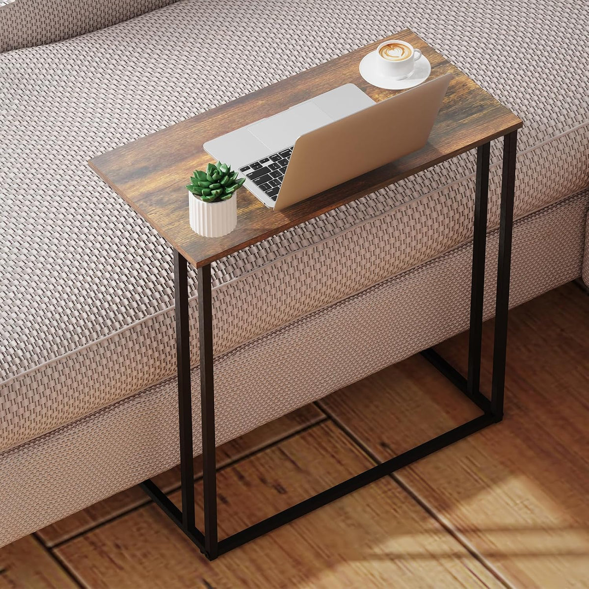 C-Shaped Side Table, Modern End Table with Metal Frame, Space Saving Design for Living Room，Large Surface Couch Table for Bedroom, and Home Office，24 x 12 x 24 inches (Rustic Brown)